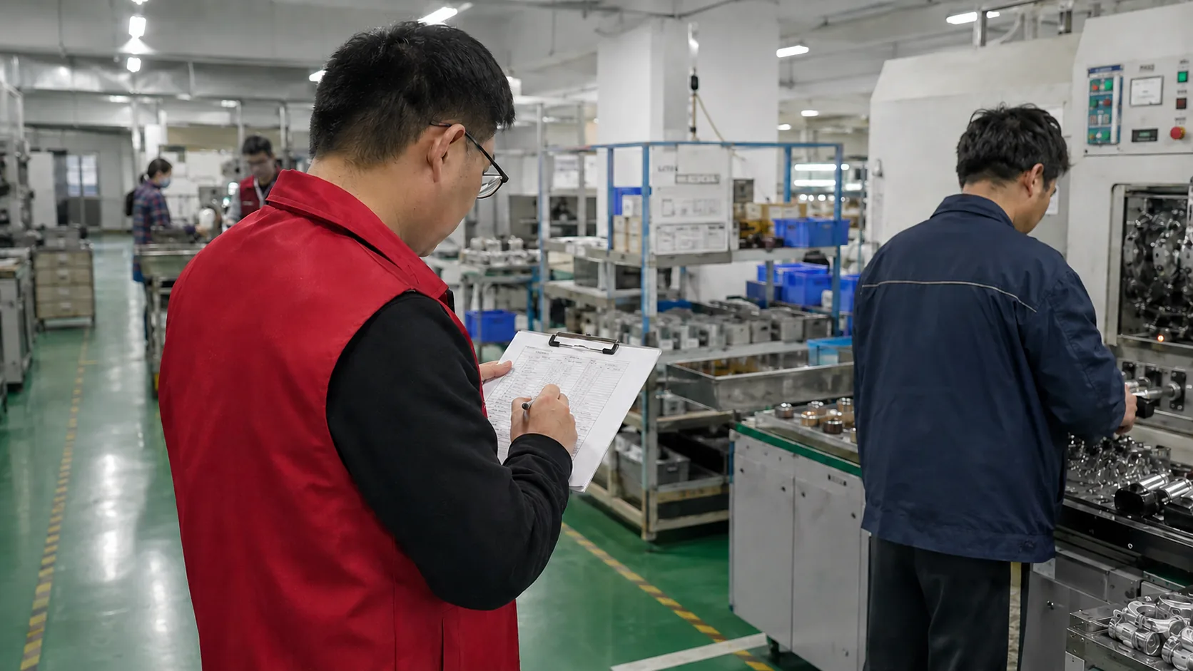 Inspector reviewing production records and process conditions during a factory audit