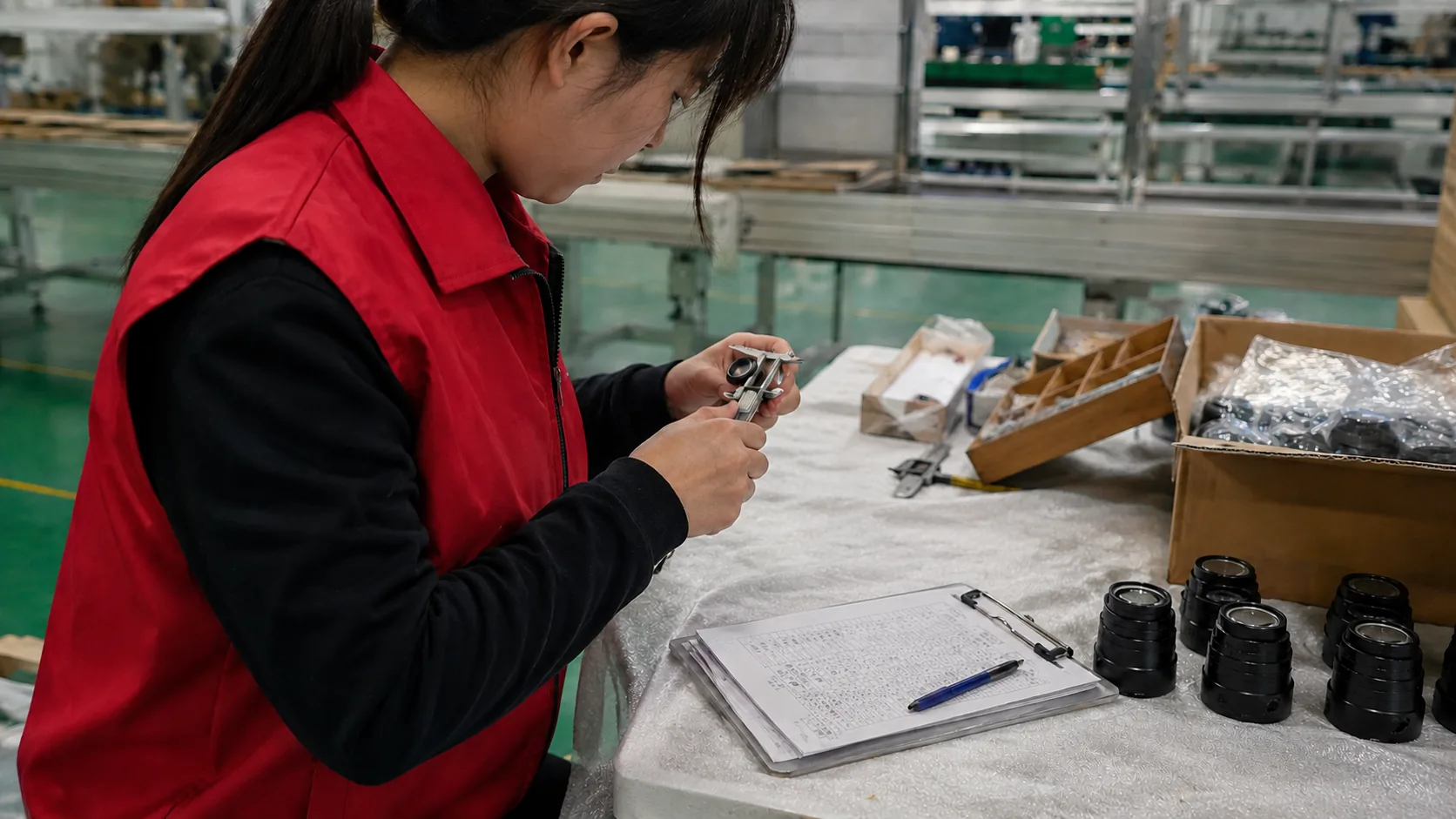 Inspector checking small components and recording measurements at a production workbench