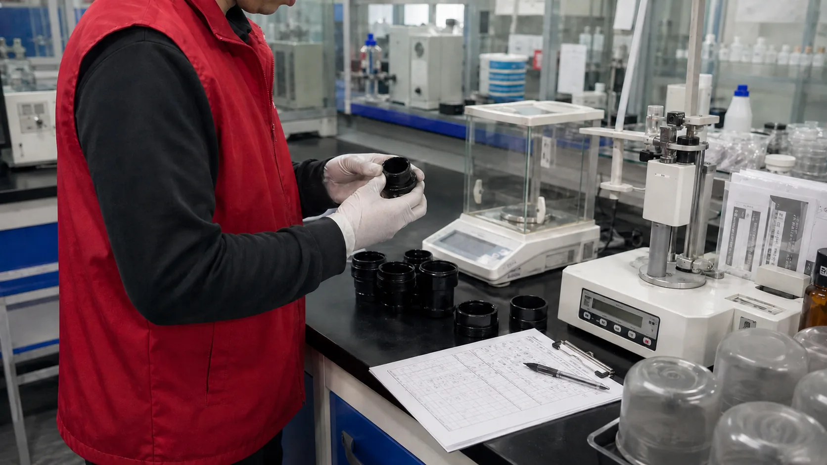 Staff member checking product components with laboratory equipment at a test workbench