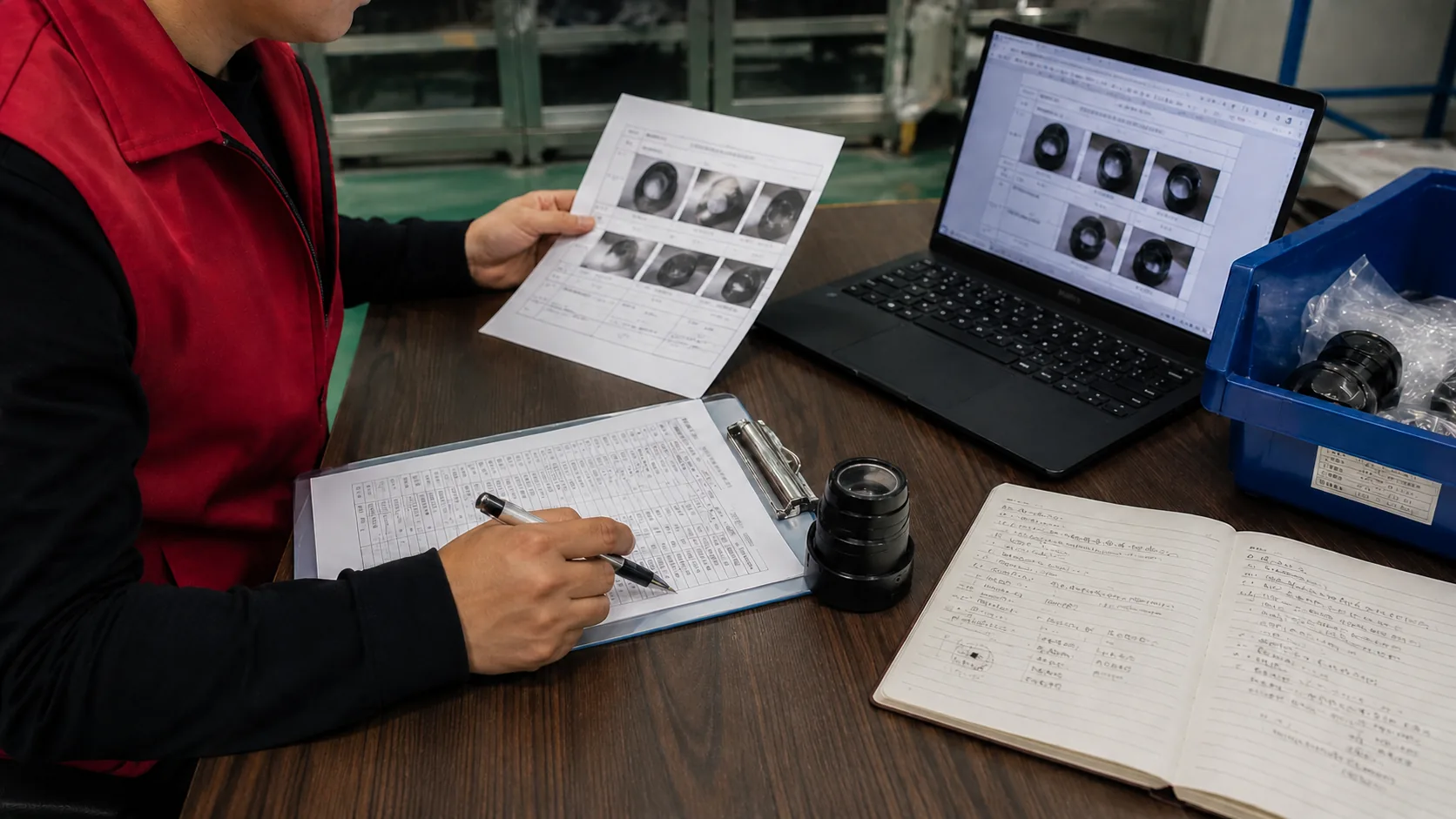 Inspection report review with product photos, checklist and laptop at a coordination desk